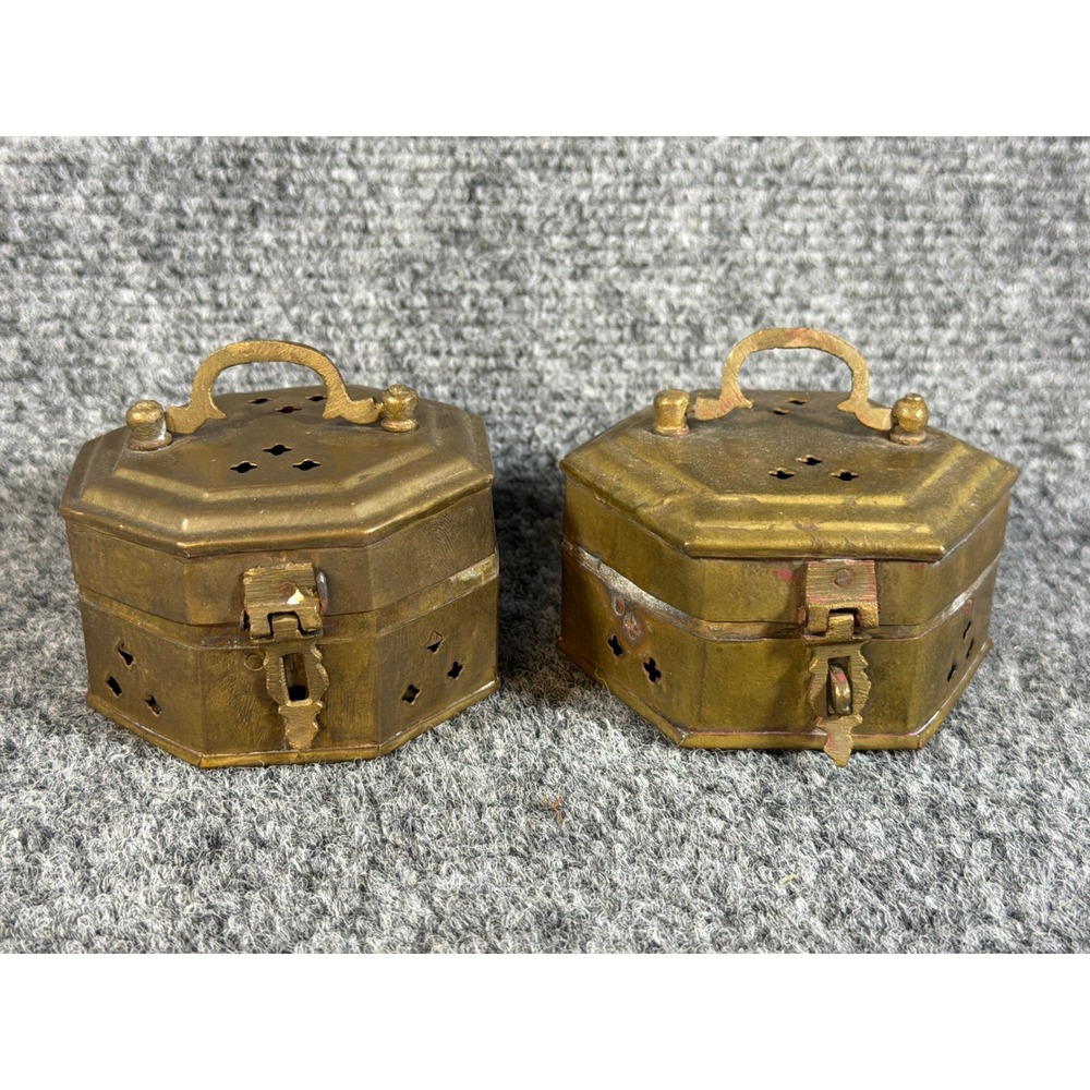 2 Vintage Brass Cricket Cage Trinket Box Potpourri Incense Holder Octagon India